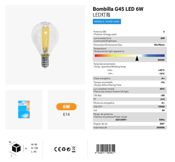 LÂMPADA G45 6W E14 3000K LUZ CALDA CJ144 6W LED