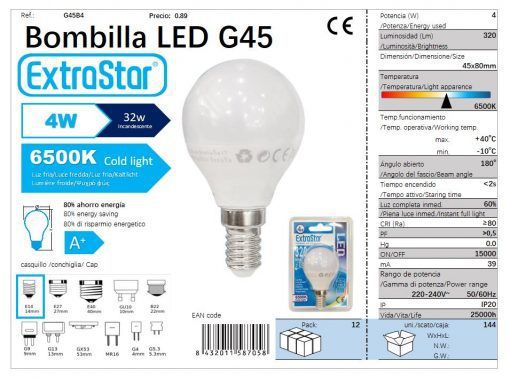 LÂMPADA LED BOLA 4W E14 320LM 6500K LUZ FRIA CJ14 4W LED