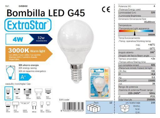 LÂMPADA LED BOLA 4W E14 320LM 3000K LUZ QUENTE CJ 4W LED