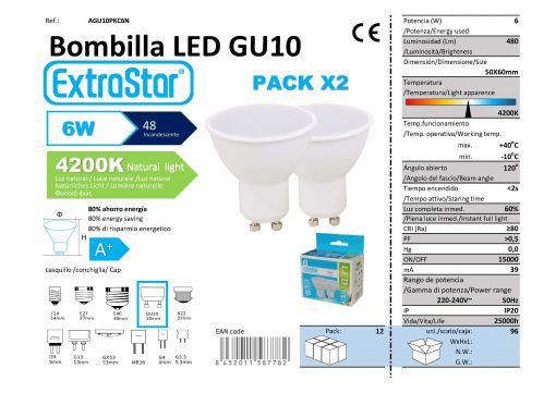 LÂMPADA LED GU10 PAK2 6W 4200K LUZ NATURAL CAJA 6W  GU10 LED