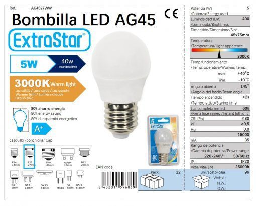LÂMPADA BOLA LED G45 5w E27 3000K LUZ QUENTE 5W LED