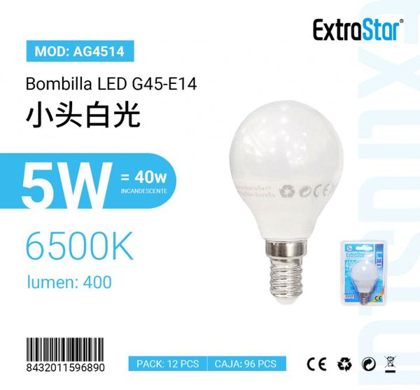 LÂMPADA BOLA LED G45 5w E14 6400K LUZ DIA CJ96 5W LED