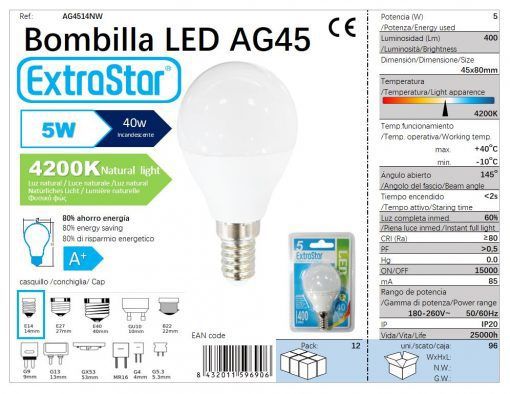 LÂMPADA BOLA LED G45 5w E14 4200K LUZ NATURAL 5W LED