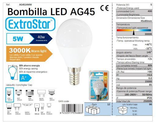 LÂMPADA BOLA LED G45 5w E14 3000K LUZ QUENTE 5W LED