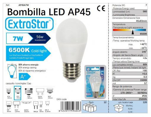 LÂMPADA BOLA LED G45 7w E27 6400K LUZ DIA CJ120 7W LED