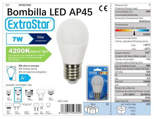 LÂMPADA BOLA LED G45 7w E27 4200K LUZ NATURAL 7W LED
