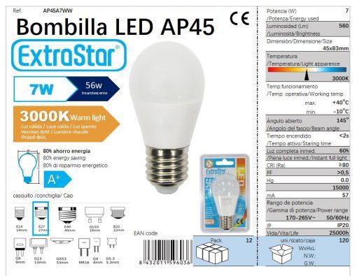 LÂMPADA BOLA LED G45 7w E27 3000K LUZ QUENTE 7W LED