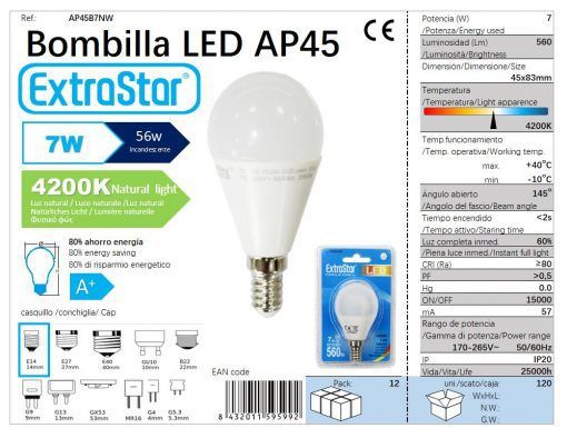 LÂMPADA BOLA LED G45 7w E14 4200K LUZ NATURAL 7W LED