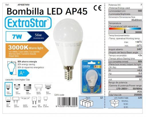 LÂMPADA BOLA LED G45 7w E14 3000K LUZ QUENTE 7W LED