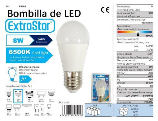 LÂMPADA BOLA LED G45 8W E27 6500K LUZ FRIA CJ120 8W LED
