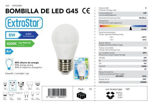 LÂMPADA BOLA LED G45 8W E27 4200K LUZ NATUR CJ120 8W LED