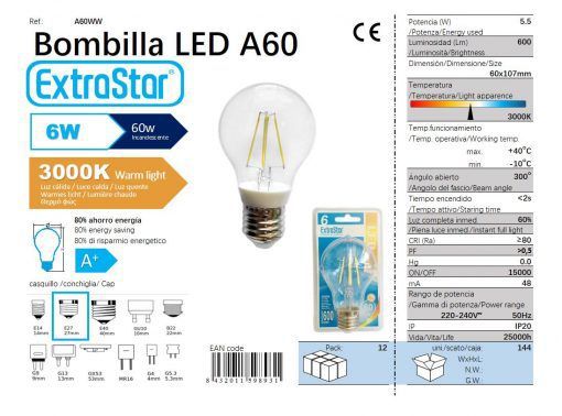 LÂMPADA BOLA LED 6W 300o 2800K LUZQUENTE LED  6W