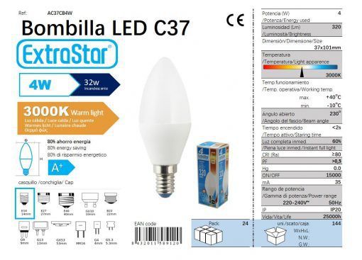 LÂMPADA VELA LED C37 4W E14 3000K LUZ QUENTE CAJA LED 4W