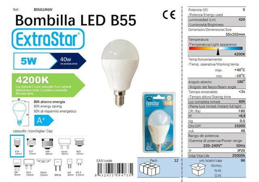 LÂMPADA BOLA LED 5W E14 A P 4200K CJ96 LED  5W