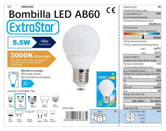 LÂMPADA BOLA 28 LED E275.5W 3300K LUZ QUENTEDO 144 LED  5.5W