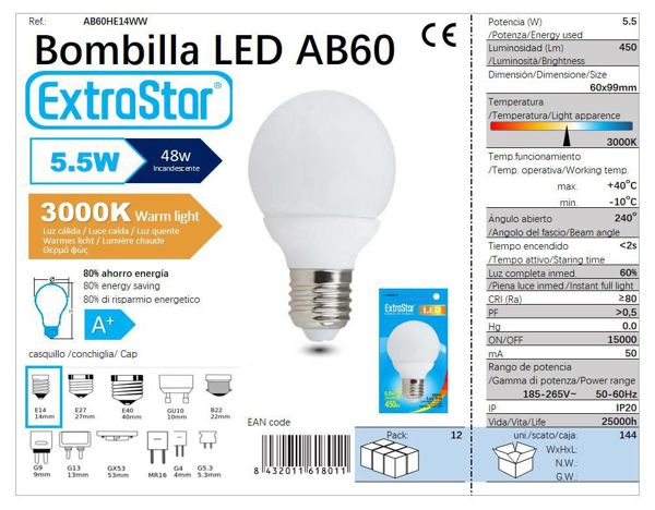 LÂMPADA BOLA 28 LED E14 5.5W 3300K LUZ QUENTEDO 144 LED  5.5W