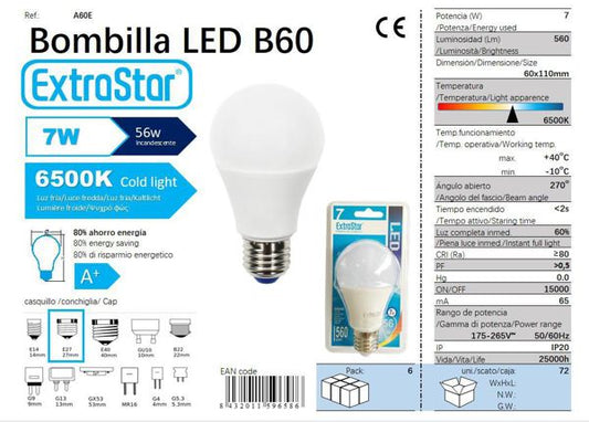 LÂMPADA BOLA LED 7W E27 SP 6500K LUZ DIA CJ72 LED  7W