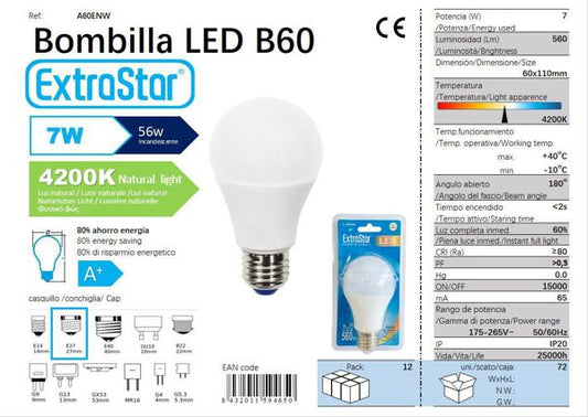 LÂMPADA BOLA LED 7W E27 SP 4200K LUZ NATURAL CJ72 LED  7W