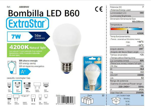 LÂMPADA BOLA LED 7W E27 AP 4200K LUZ NATURAL LED  7W