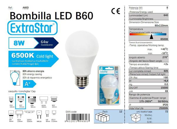LÂMPADA BOLA LED 8W E27 SP 6500K LUZ DIA CJ72 LED  8W