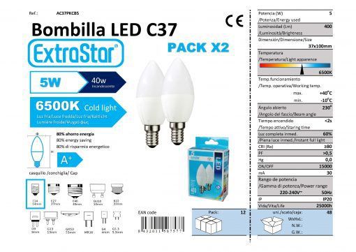 LÂMPADA VELA C37 PAK2 E14 5W 6500K LUZ DIA CAJA LED  5W