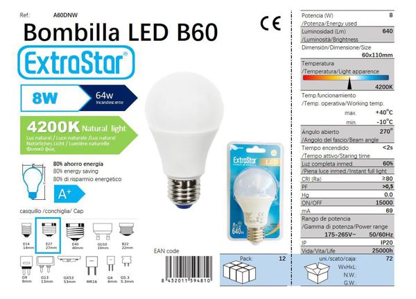 LÂMPADA BOLA LED 8W E27 SP 4200K LUZ NATURAL CJ72 LED  8W