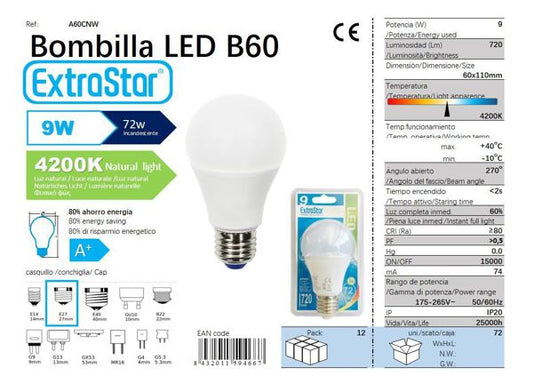 LÂMPADA BOLA LED 9W E27 SP 42006 LUZ NATURAL CJ72 LED  9W