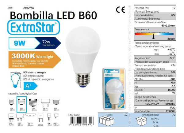 LÂMPADA BOLA LED 9W E27 SP 3000K LUZ QUENTE CJ72 LED  9W