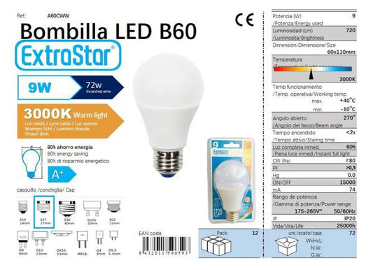 LÂMPADA BOLA LED 9W E27 SP 3000K LUZ QUENTE CJ72 LED  9W
