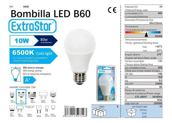 LÂMPADA BOLA LED 10W E27 SP 6400K LUZ DIA CJ72 LED  10W