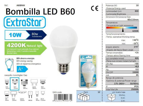 LÂMPADA BOLA LED 10W E27 SP4200K LUZ NATURAL C72 LED 10W