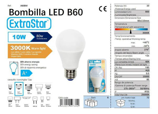 LÂMPADA BOLA LED 10W E27 SP 3000K LUZ QUENTE CJ72 LED  10W