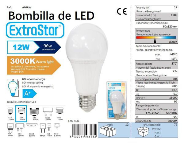 LÂMPADA BOLA 60 E27 12W 1080 LUMEN 3000K LUZ QUENTE LED  12W