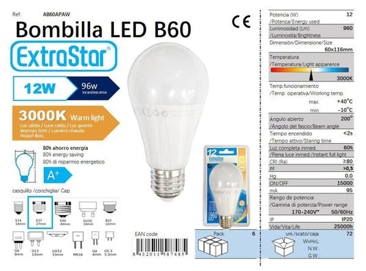 LÂMPADA BOLA 12W E27 AP 300K LUZ QUENTE CJ72 LED  12W