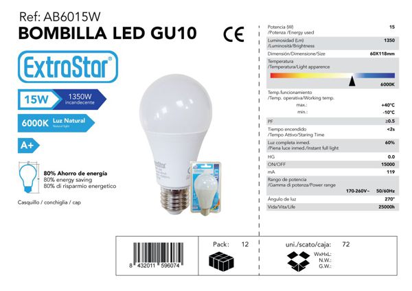LÂMPADA BOLA LED 15W E27 A P 6500K CJ72 LED  15W