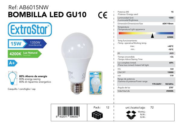 LÂMPADA BOLA LED 15W E27 A-P 4200K CJ72 LED  15W