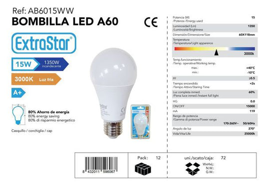 LÂMPADA BOLA LED 15W E27 AP 3000K CJ72 LED  15W