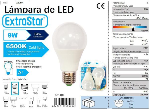 LÂMPADA LED A60 PACK 2 E27 9W 655K CJ48 LED  9W