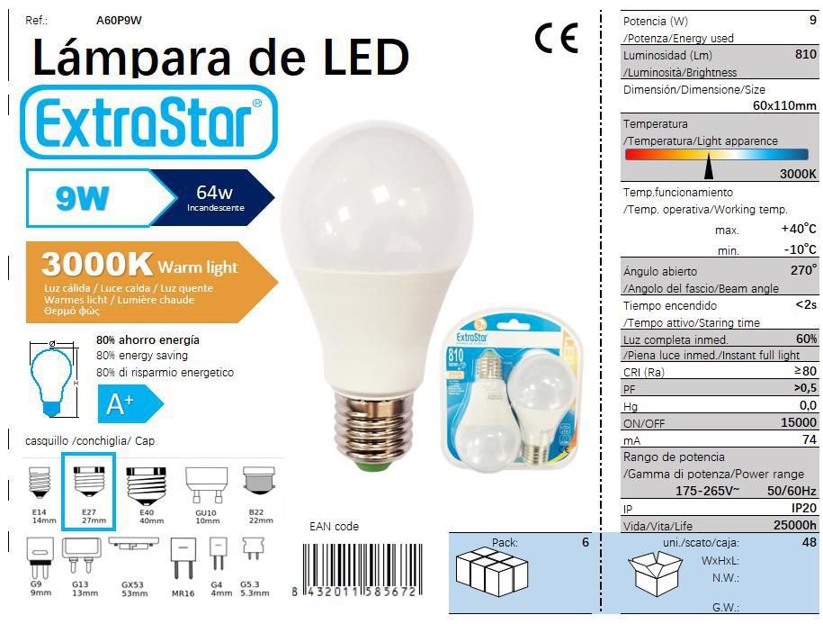 LÂMPADA LE A60 PACK 2 E27 9W 3000K CJ48 LED  9W