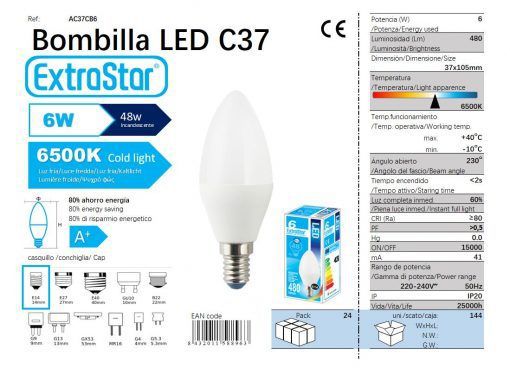 LÂMPADA VELA LED C37 6W E14 6400K LUZ DIA CAJA LED 6W