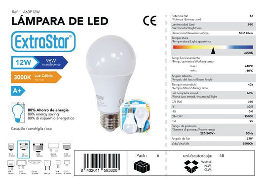 LÂMPADA LED A60 PACK 2 E27 12W 3000K CJ48 LED  12W