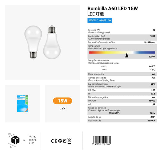 LÂMPADA LED A60 PACK 2 E2715W 3000K CJ36 LED  15W