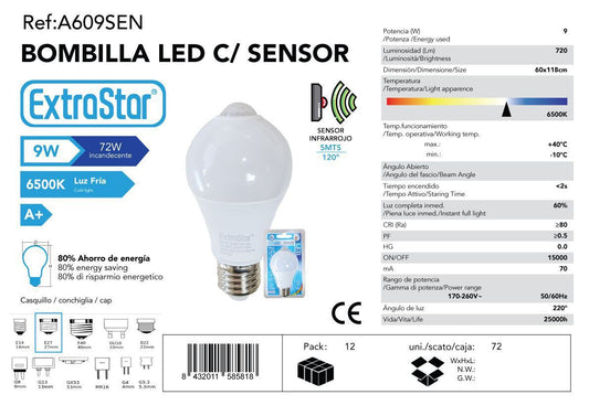 SENSOR LED COM LUZ INFRARROJA 9W 6500K LUZ DIA CJ7 LED  9W