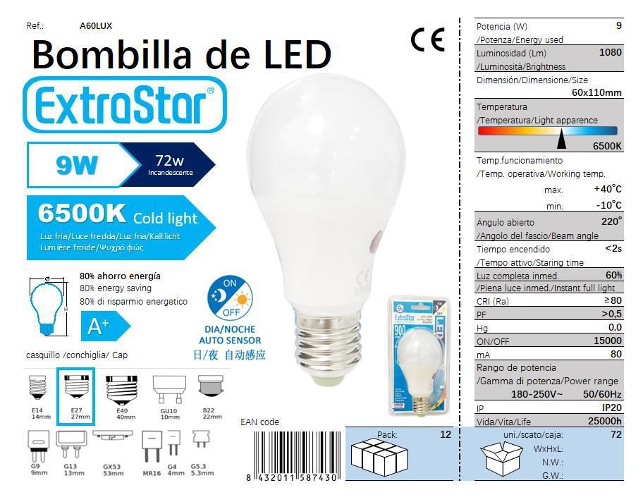 LÂMPADA BOLA A60 E27 9W AUTO SENSOR DIA-NOITE 650 LED 9W