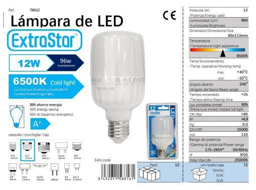 LÂMPADA BOLA LED 12W E27 T60 6400K LUZ DIA CJ72 LED  12W