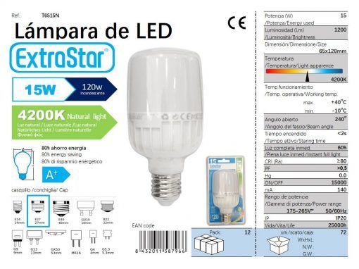 LÂMPADA BOLA LED 15W E27 T65 4200K LUZ NATURAL LED  15W