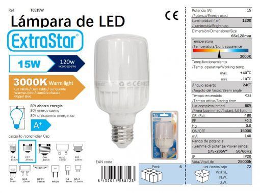 LÂMPADA BOLA LED 15W E27 T65 3000K LUZ QUENTE LED  15W