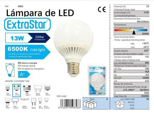 LÂMPADA BOLA LED 13W 9.5CM LUZ DIA 6500K CJ48 LED  13W
