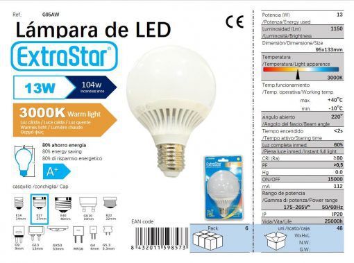 LÂMPADA BOLA LED 13W 9.5CM LUZ QUENTE 3000K CJ48 LED  13W