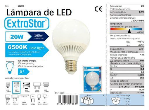 LÂMPADA BOLA LED 20W 12CM LUZ DIA 6500K CJ24 LED  20W